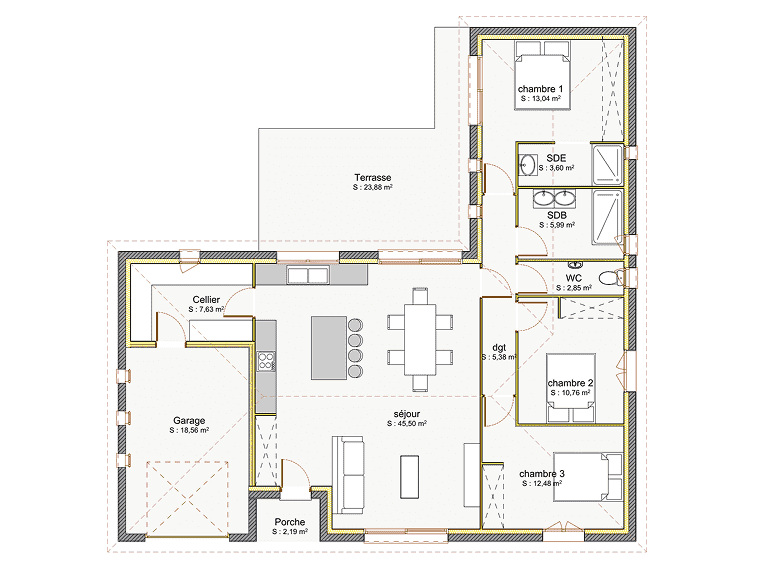 Plan 2D d’une maison plain-pied en L de 107 m² avec garage, cellier, trois chambres, SDE et SDB