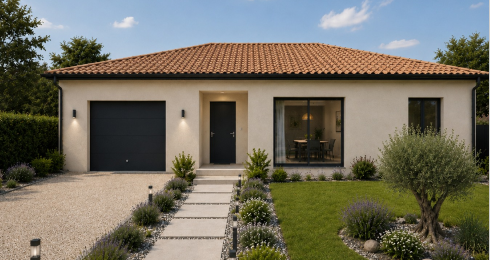 Rendu 3D de la façade d’entrée et du garage d’une maison en L