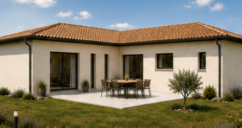 Rendu 3D de la terrasse dans l’angle d’une maison en L