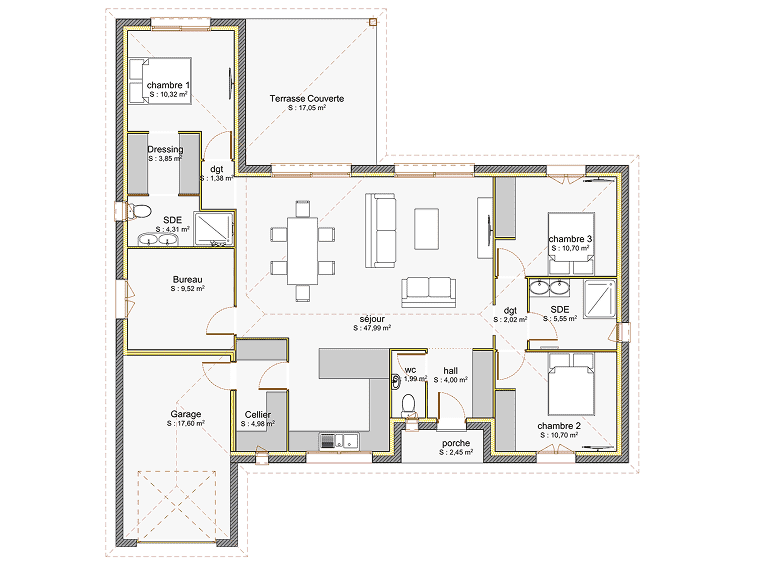 Plan 2D d’une maison plain-pied en T de 117 m² avec garage, cellier, bureau, dressing et trois chambres