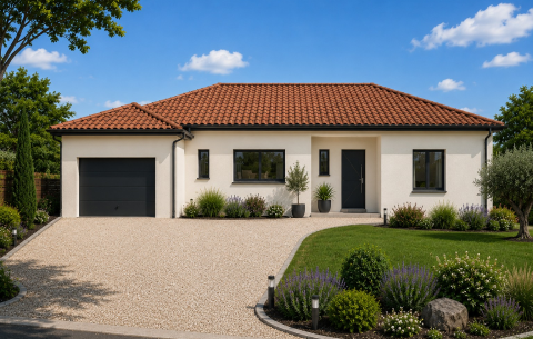 Rendu 3D de la façade d’entrée et du garage d’une maison en T