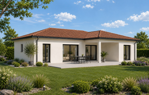 Rendu 3D de la terrasse couverte à l’arrière d’une maison en T